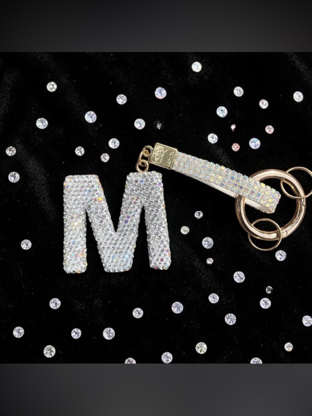 Blinged Out Alphabet Letter "M" Bag Charm Keychain With Gold Tone Hardware